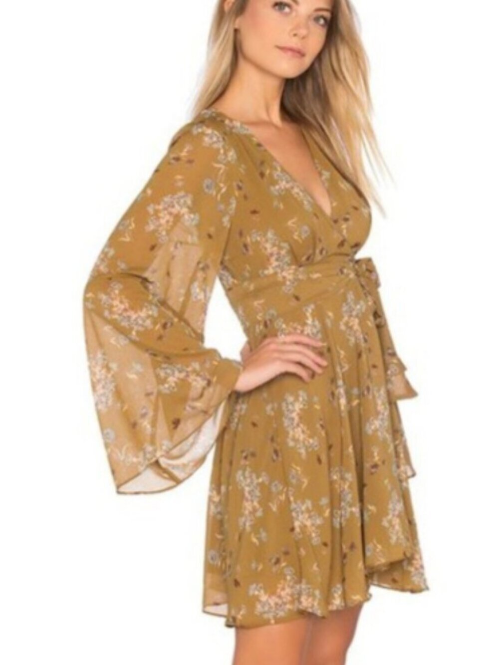 Free People Lilou Floral Print Bell Sleeve Dress in Toffee/Mustard Yellow Size S